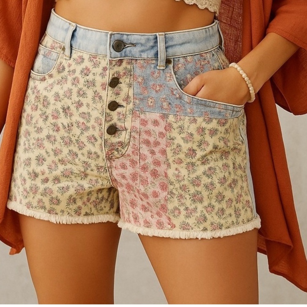FARM Rio Floral Patchwork Jean Shorts - Multicolor